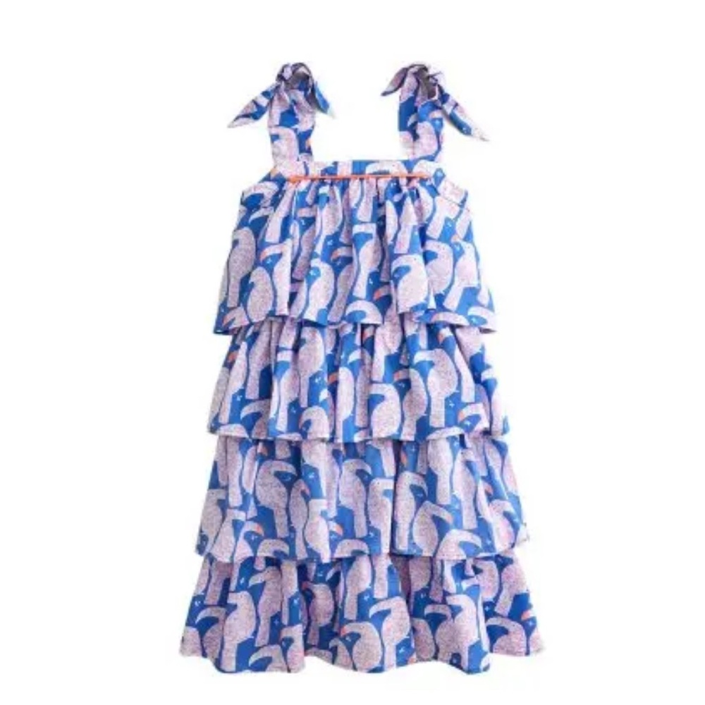 J Crew Crewcuts Flamingo Blue Pink Tiered Cotton Dress Know Detail NWT Size 10